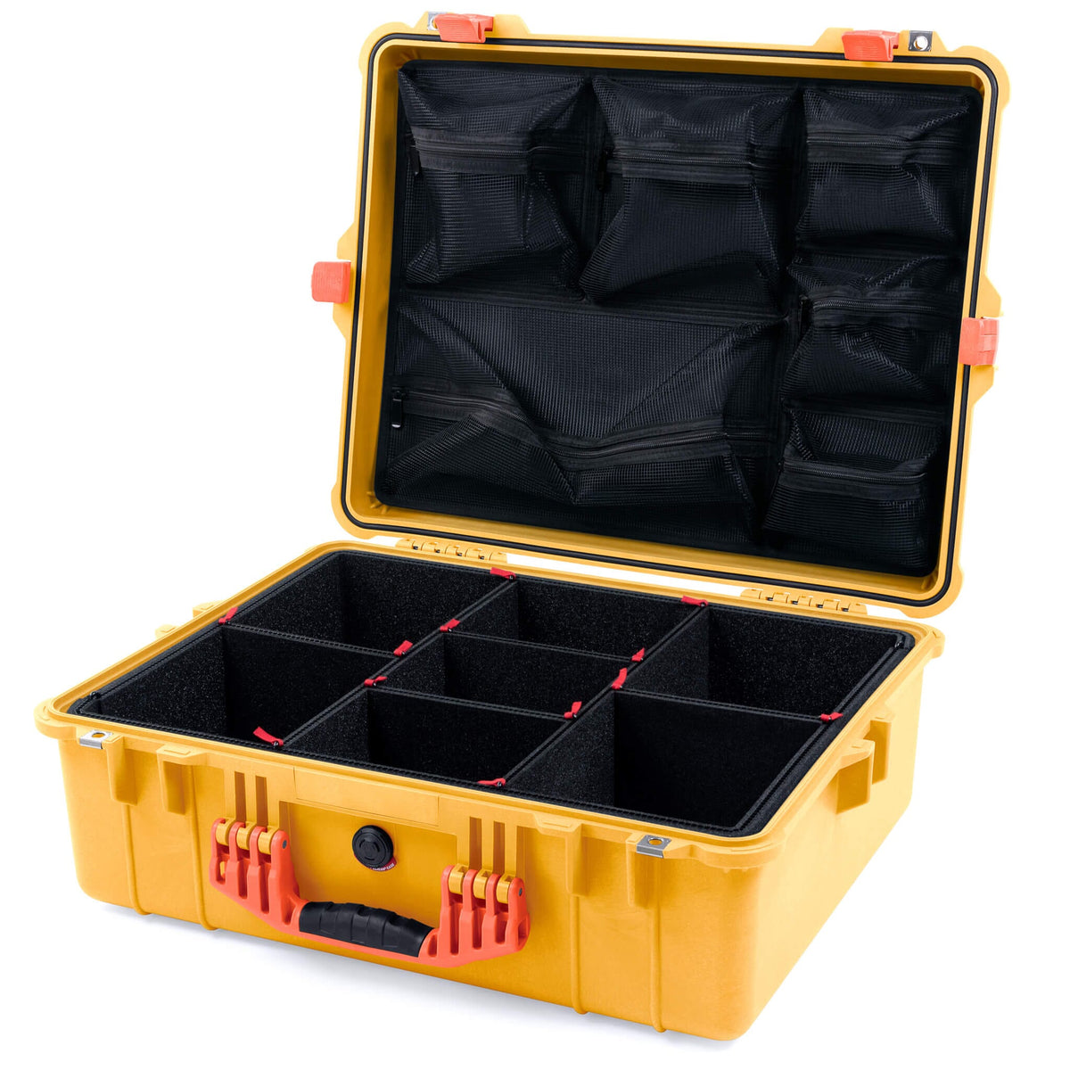 Pelican 1600 Case, Yellow with Orange Handle &amp; Latches TrekPak Divider System with Mesh Lid Organizer ColorCase 016000-0120-240-150