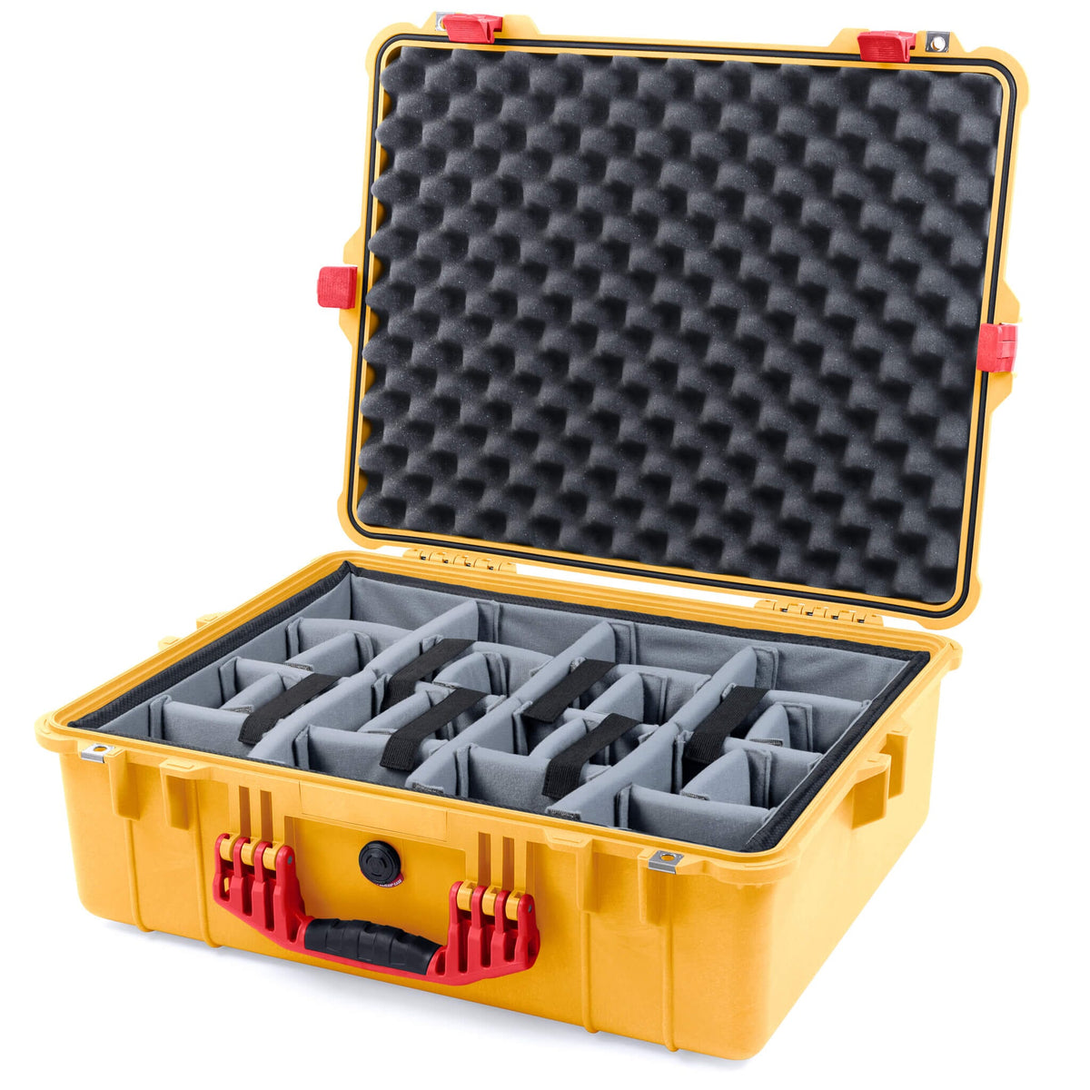 Pelican 1600 Case, Yellow with Red Handle &amp; Latches Gray Padded Dividers with Convoluted Lid Foam ColorCase 016000-0070-240-320