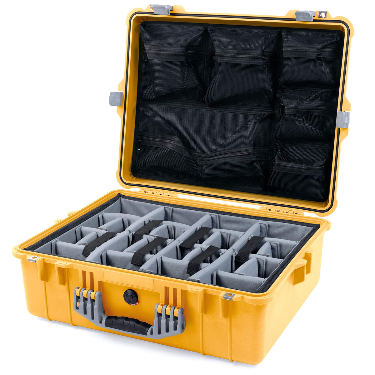 Pelican 1600 Case, Yellow with Silver Handle &amp; Latches Gray Padded Dividers with Mesh Lid Organizer ColorCase 016000-0170-240-180