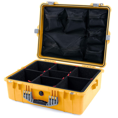 Pelican 1600 Case, Yellow with Silver Handle & Latches TrekPak Divider System with Mesh Lid Organizer ColorCase 016000-0120-240-180