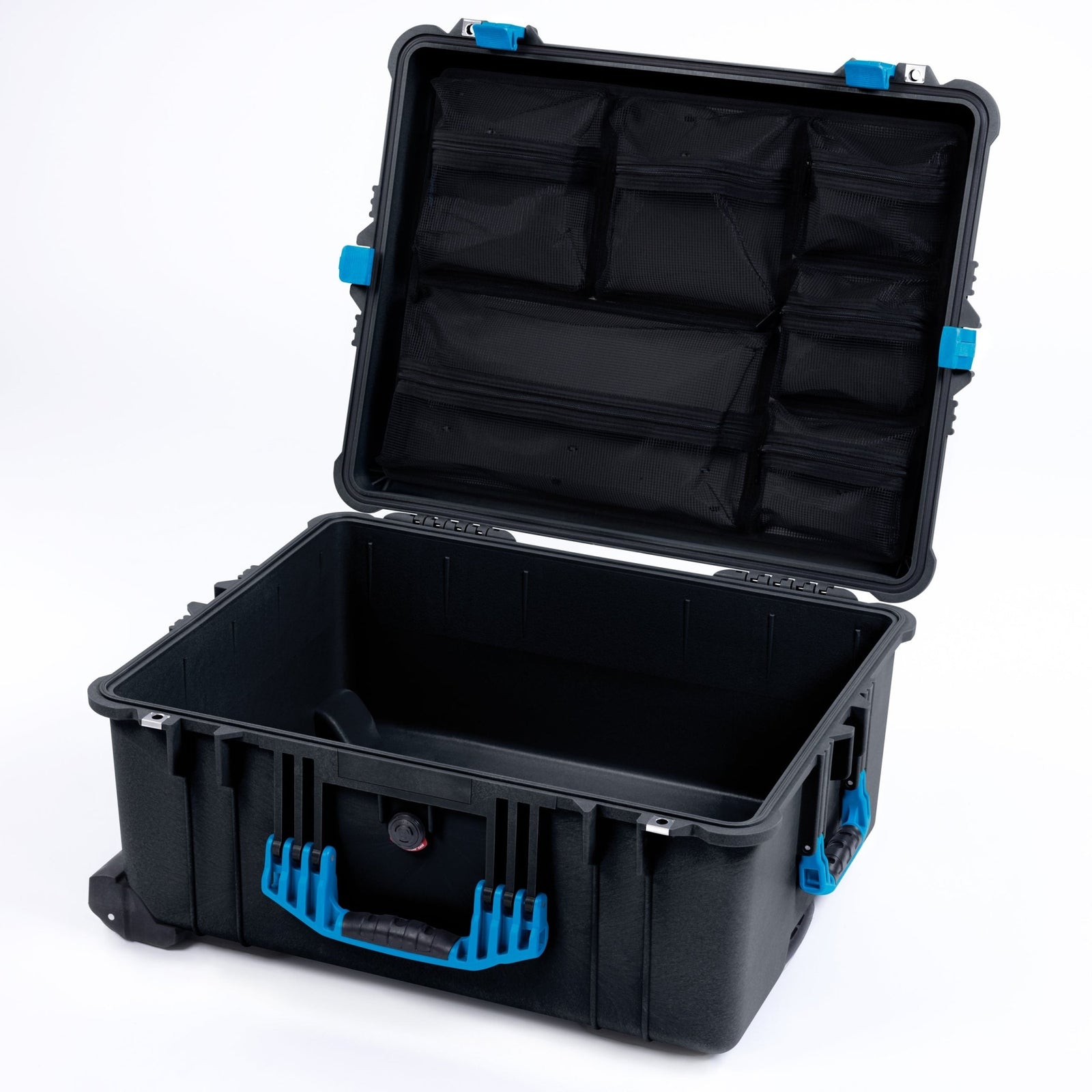 Pelican 1610 Case, Black with Blue Handles and Latches - Mesh Lid Organizer Only
