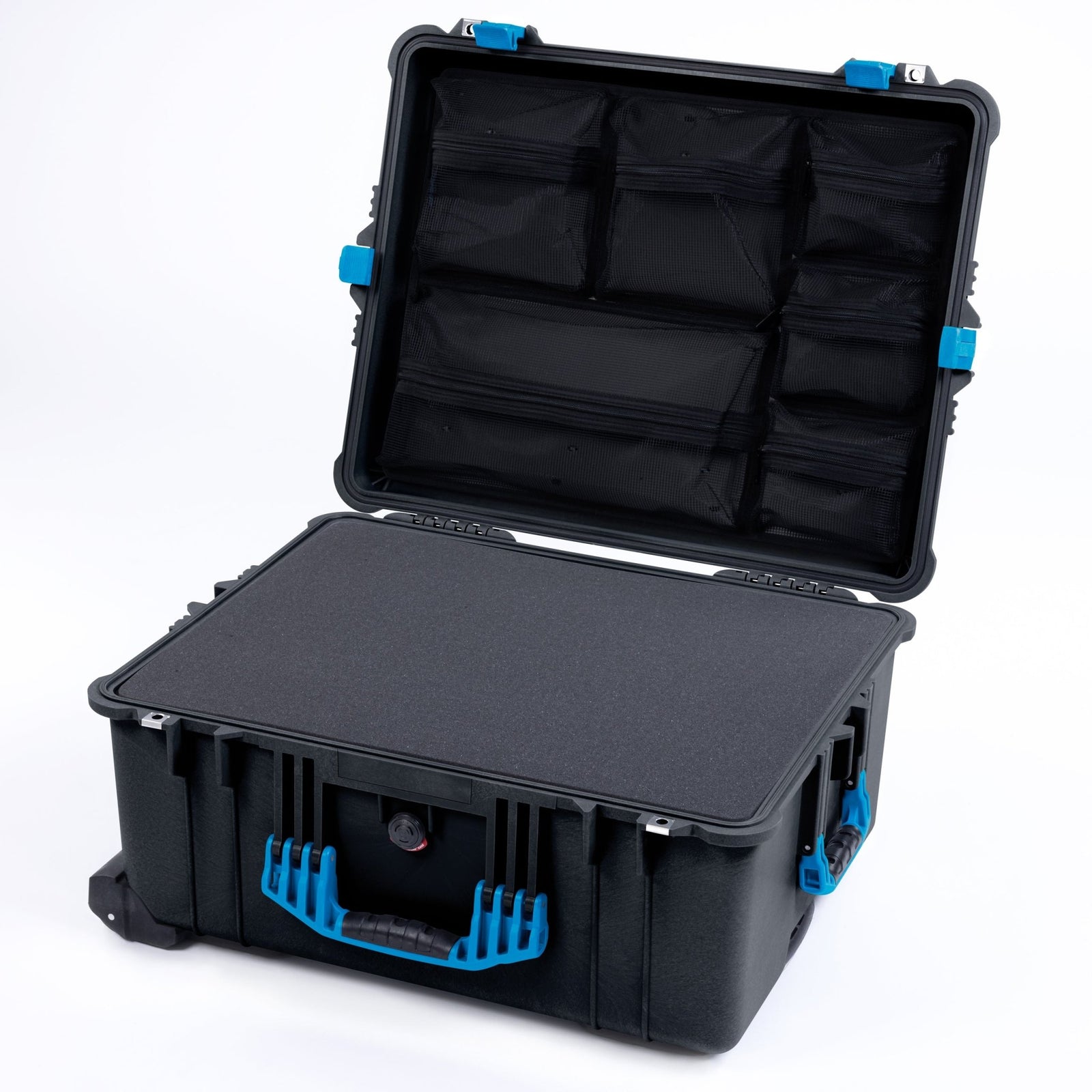 Pelican 1610 Case, Black with Blue Handles and Latches - Pick & Pluck Foam / Mesh Lid Organizer