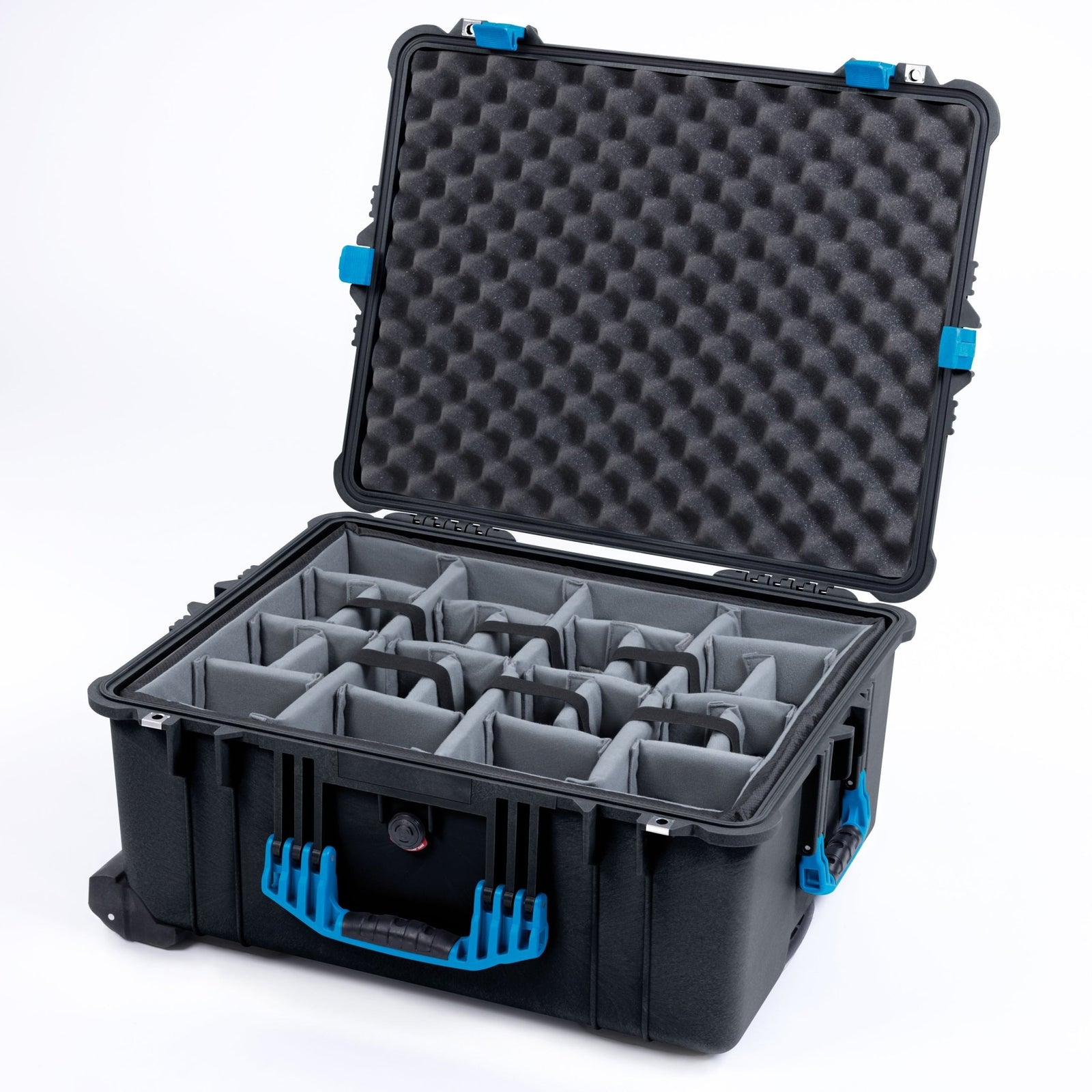 Pelican 1610 Case, Black with Blue Handles and Latches - Padded Microfiber Dividers / Convoluted Lid Foam
