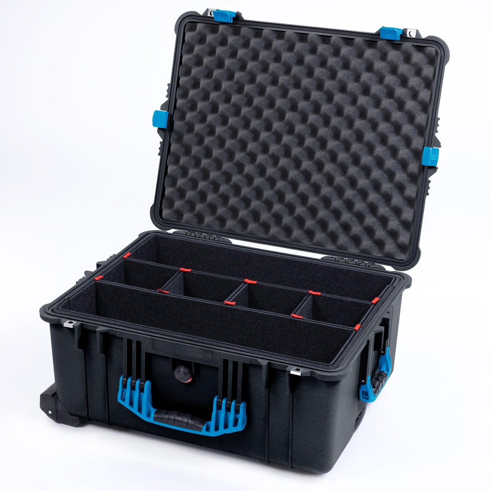 Pelican 1610 Case, Black with Blue Handles and Latches - TrekPak Divider System / Convoluted Lid Foam