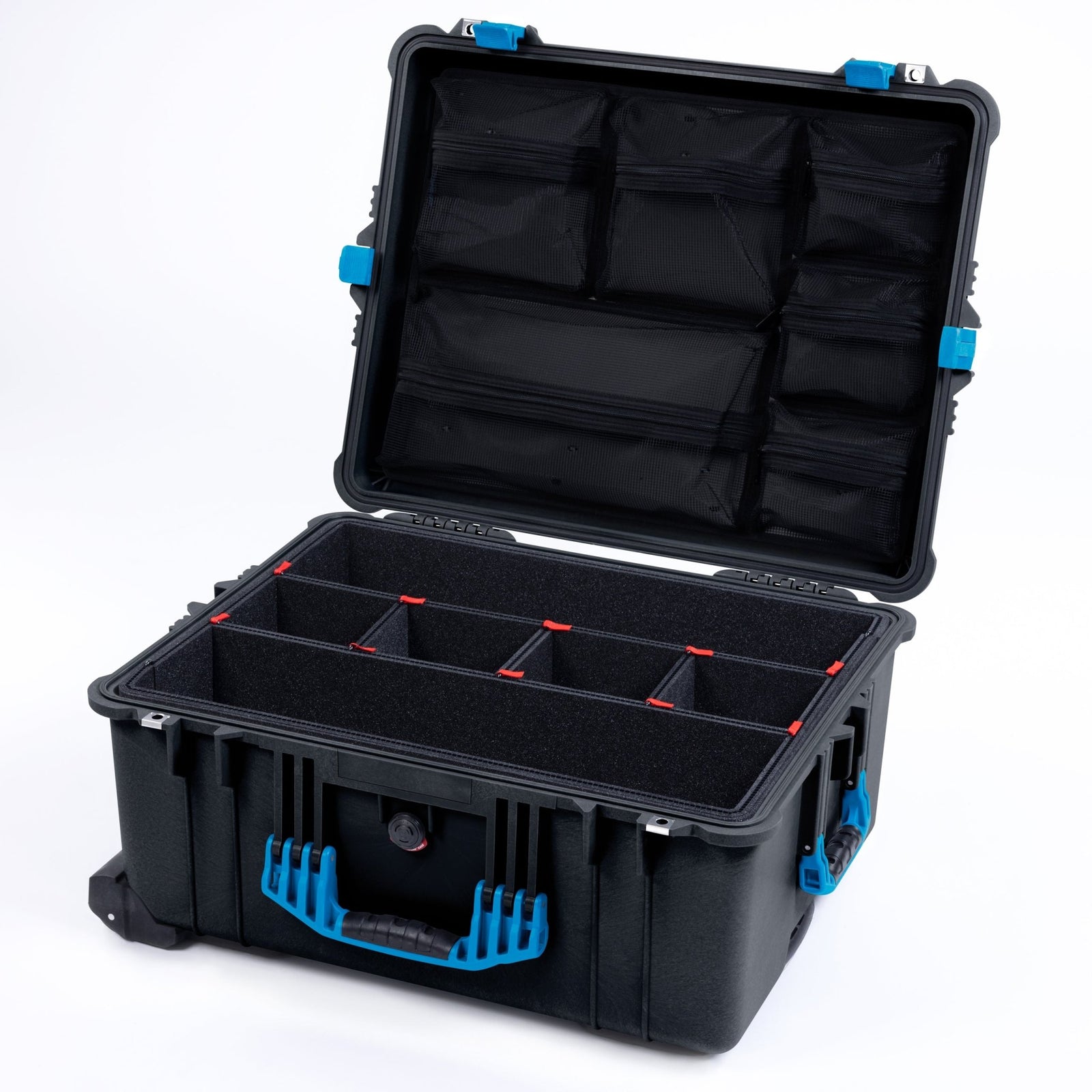 Pelican 1610 Case, Black with Blue Handles and Latches - TrekPak Divider System / Mesh Lid Organizer