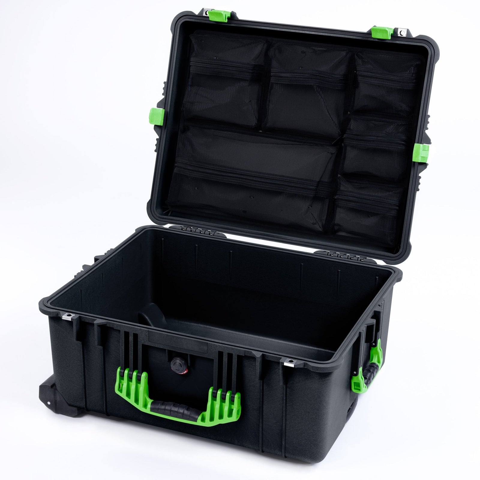 Pelican 1610 Case, Black with Lime Green Handles and Latches - Mesh Lid Organizer Only