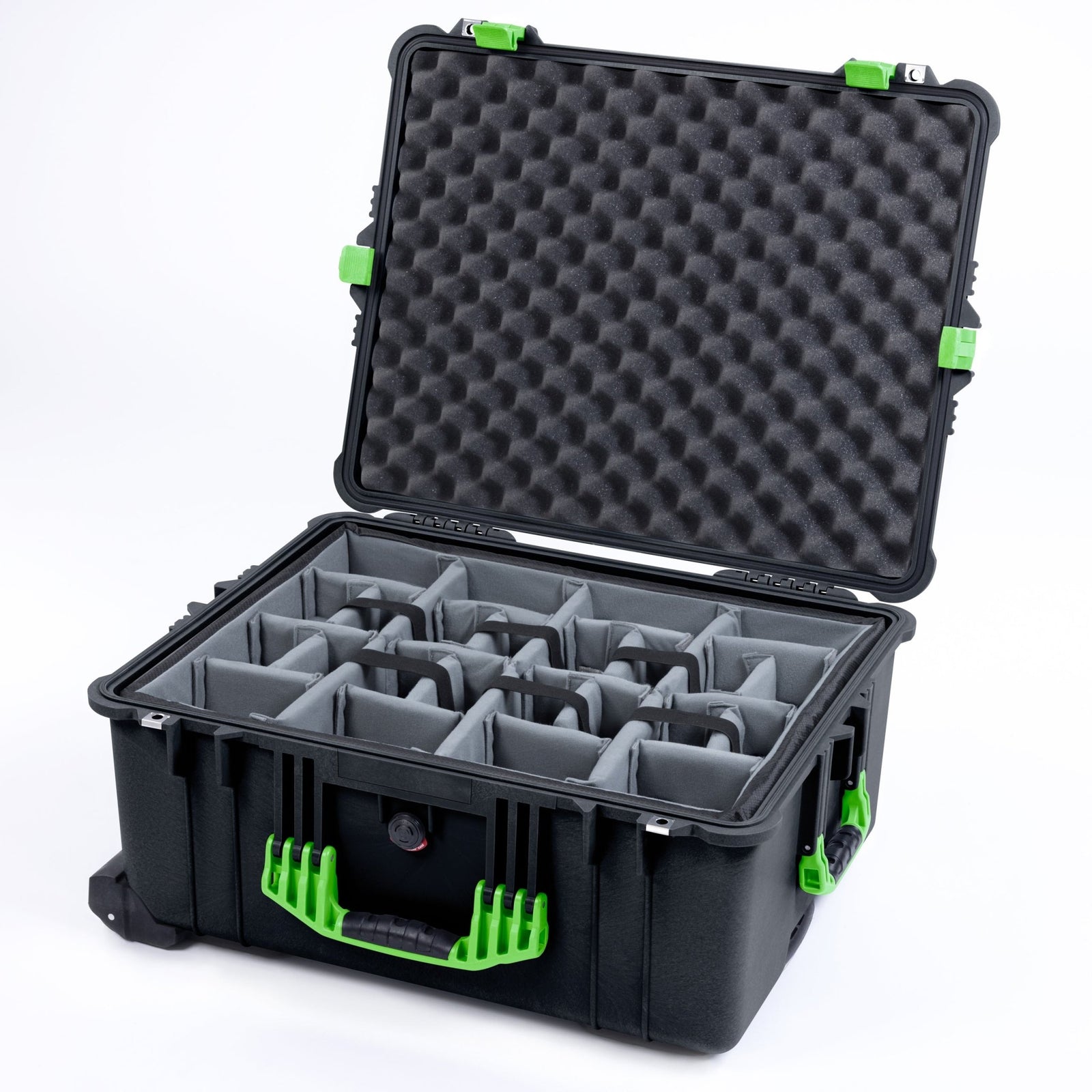 Pelican 1610 Case, Black with Lime Green Handles and Latches - Padded Microfiber Dividers / Convoluted Lid Foam