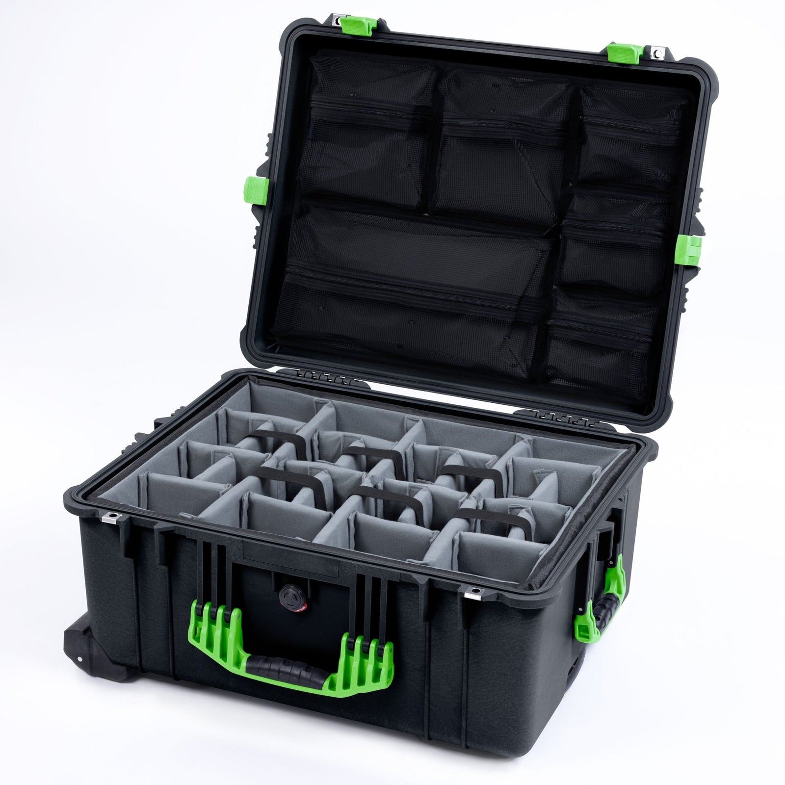 Pelican 1610 Case, Black with Lime Green Handles and Latches - Padded Microfiber Dividers / Mesh Lid Organizer