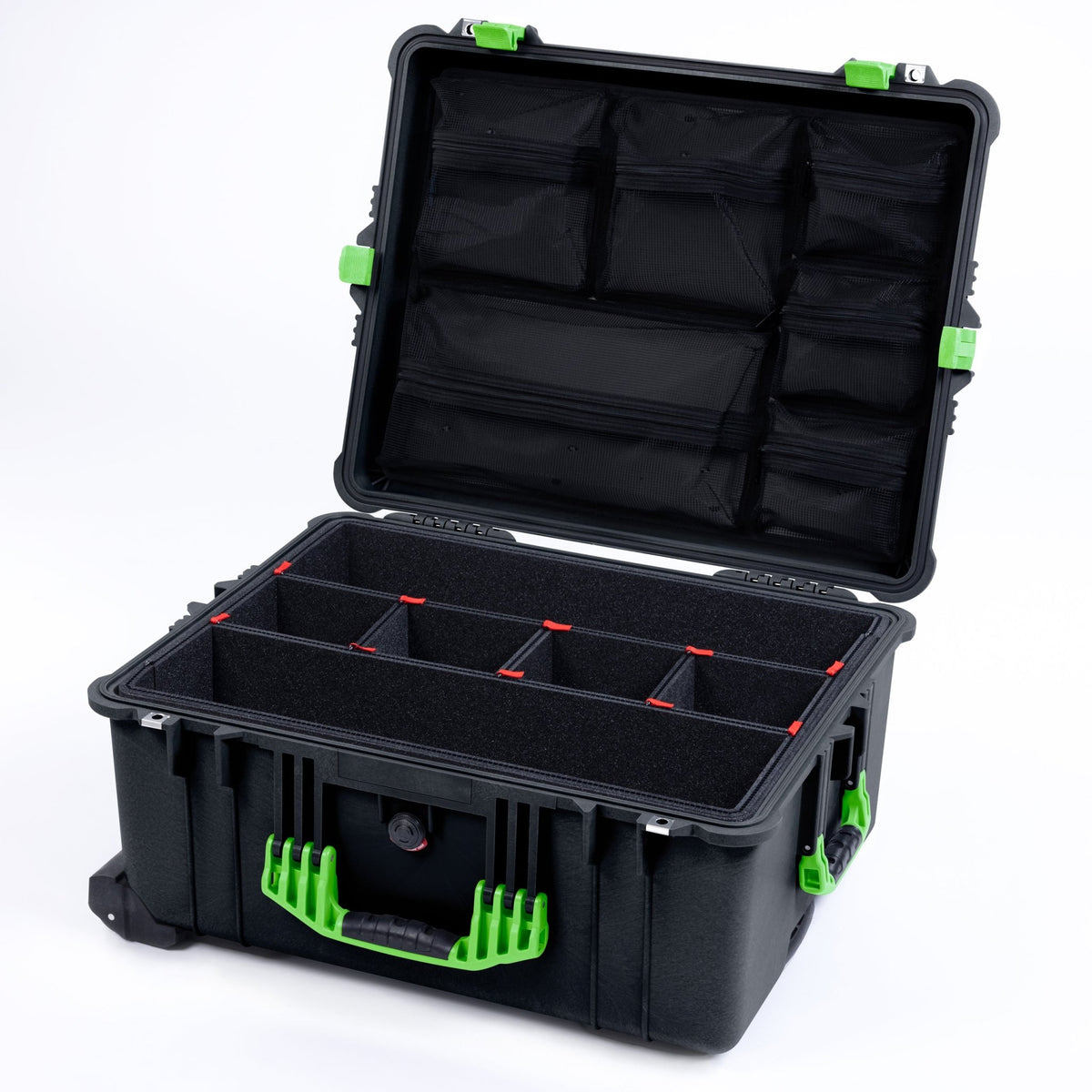 Pelican 1610 Case, Black with Lime Green Handles and Latches, Pick & Pluck Foam / Mesh Lid Organizer