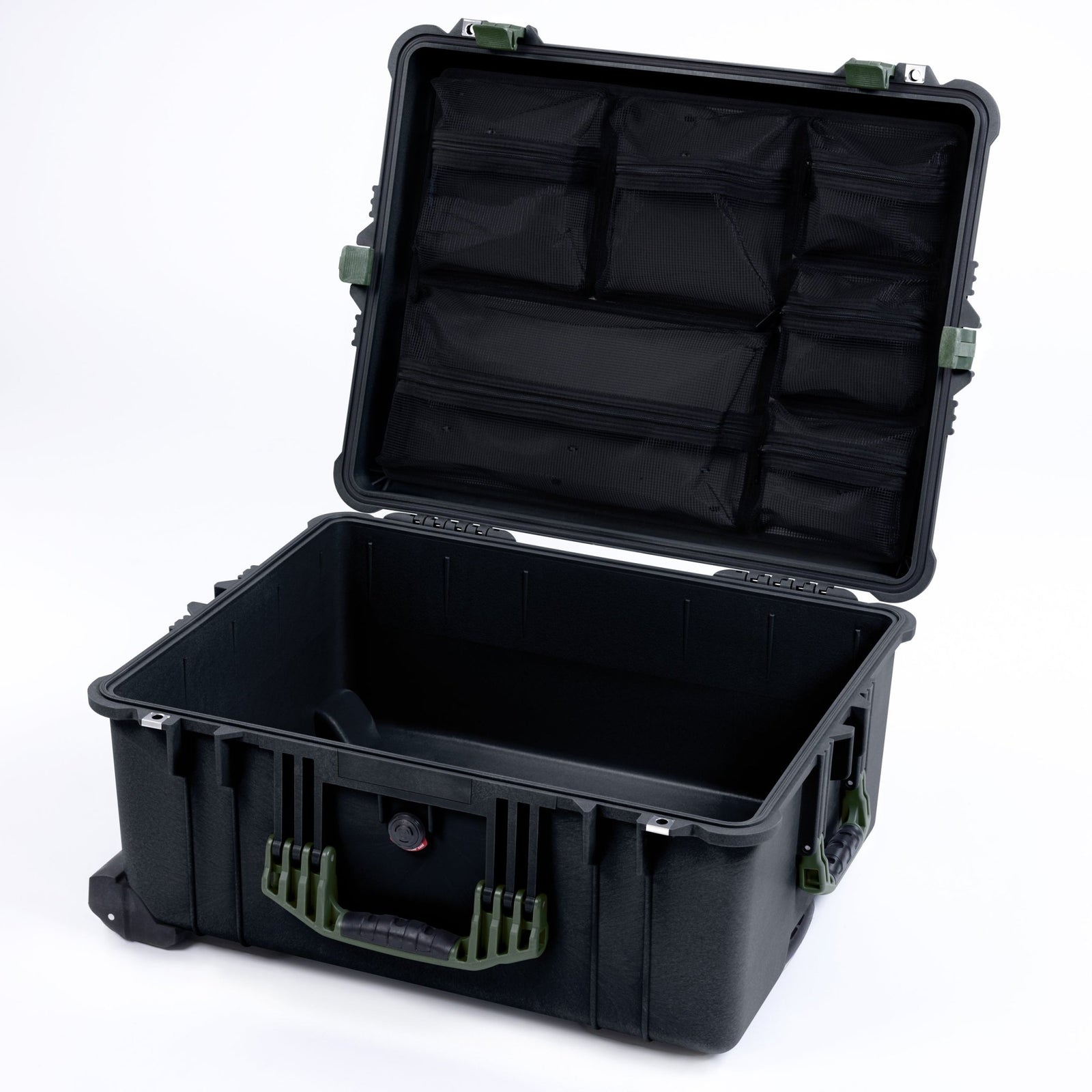 Pelican 1610 Case, Black with OD Green Handles and Latches - Mesh Lid Organizer Only