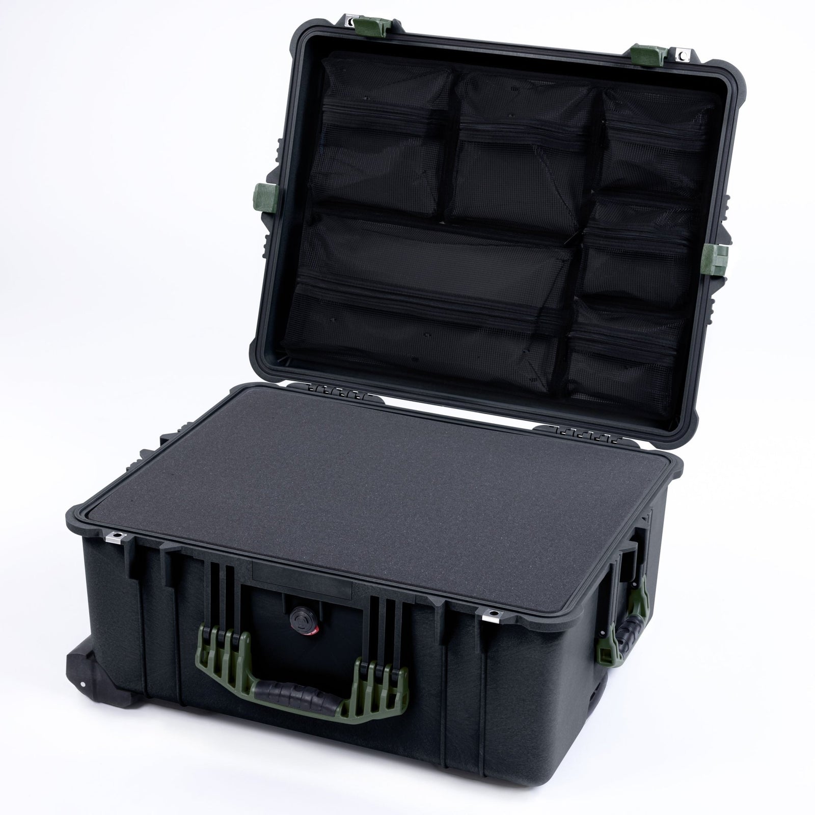 Pelican 1610 Case, Black with OD Green Handles and Latches - Pick & Pluck Foam / Mesh Lid Organizer