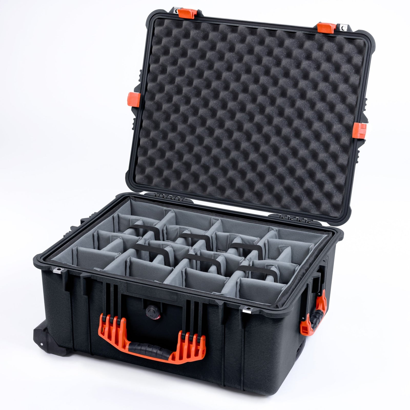 Pelican 1610 Case, Black with Orange Handles and Latches - Padded Microfiber Dividers / Convoluted Lid Foam