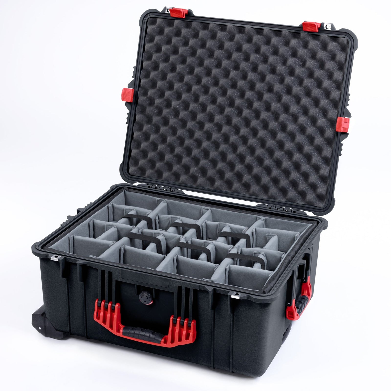 Pelican 1610 Case, Black with Red Handles and Latches - Padded Microfiber Dividers / Convoluted Lid Foam