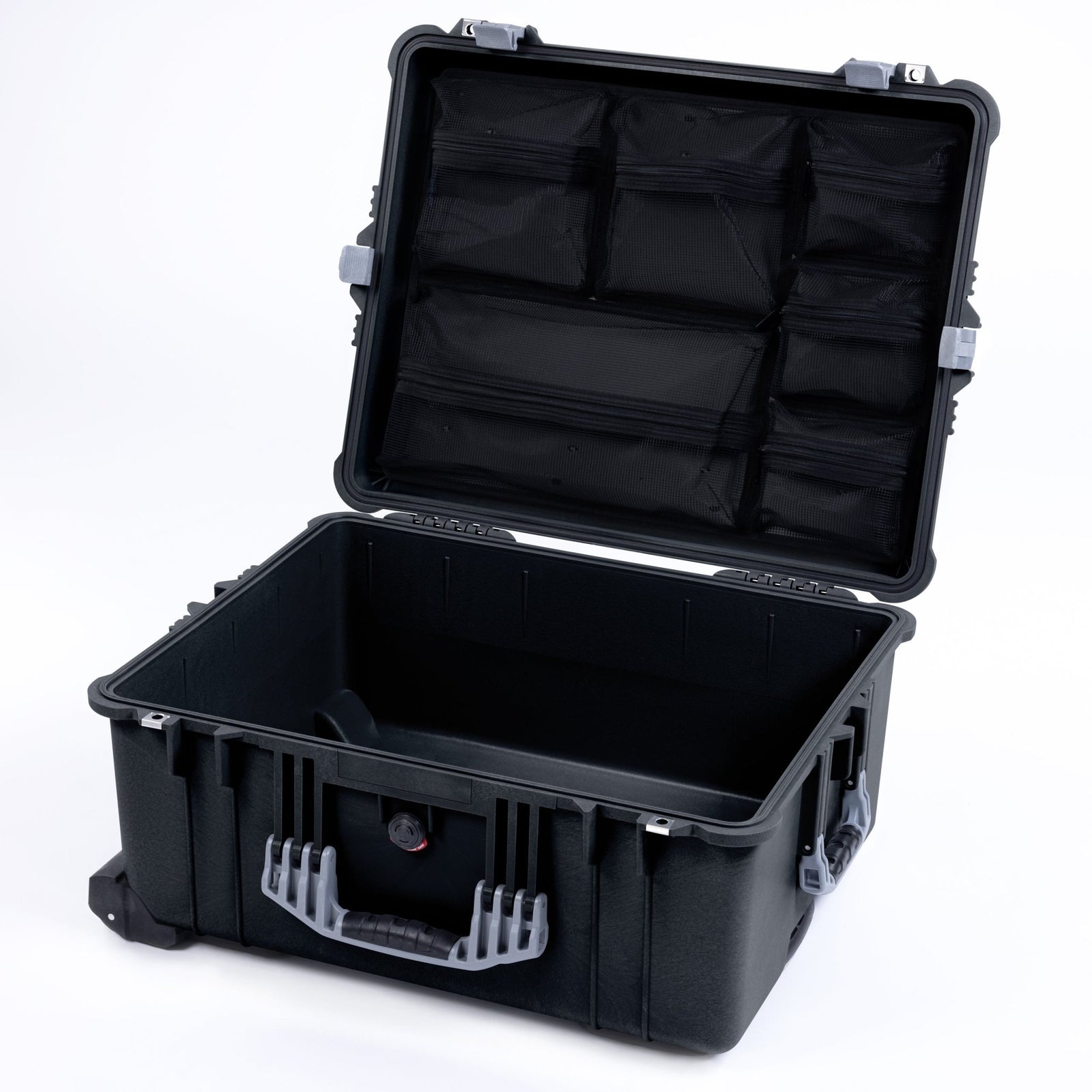 Pelican 1610 Case, Black with Silver Handles and Latches - Mesh Lid Organizer Only