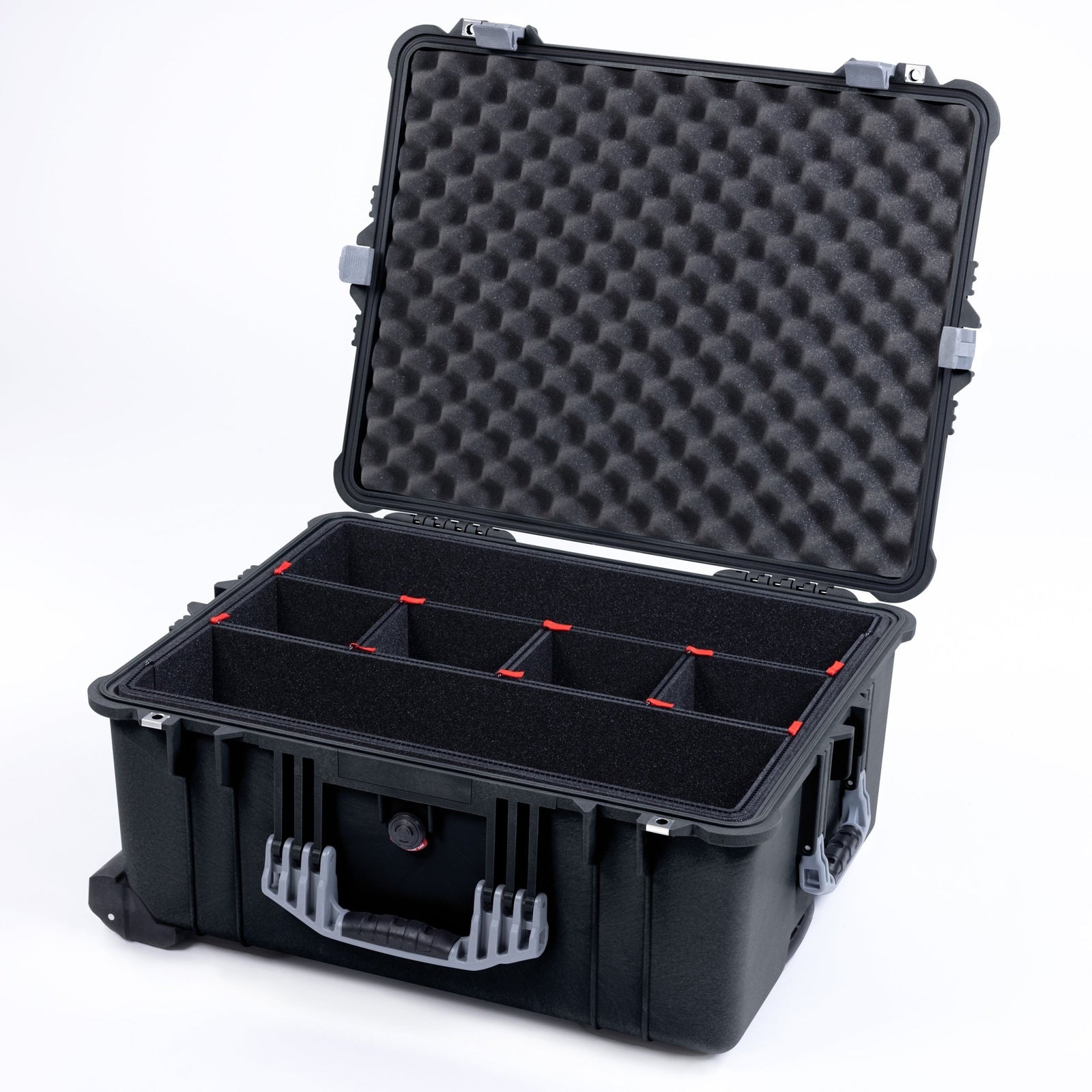Pelican 1610 Case, Black with Silver Handles and Latches - TrekPak Divider System / Convoluted Lid Foam