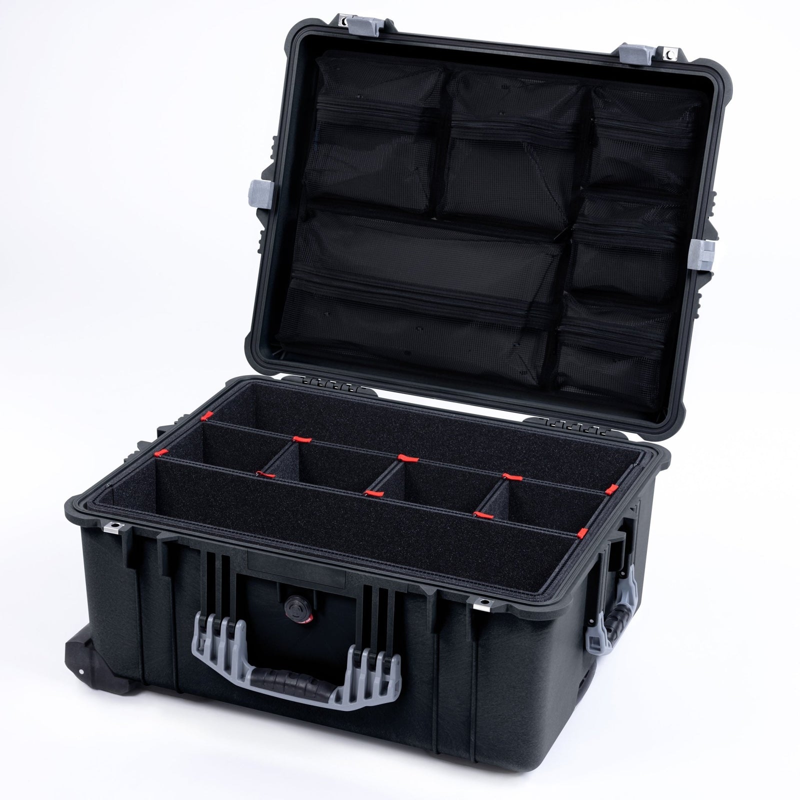 Pelican 1610 Case, Black with Silver Handles and Latches - TrekPak Divider System / Mesh Lid Organizer