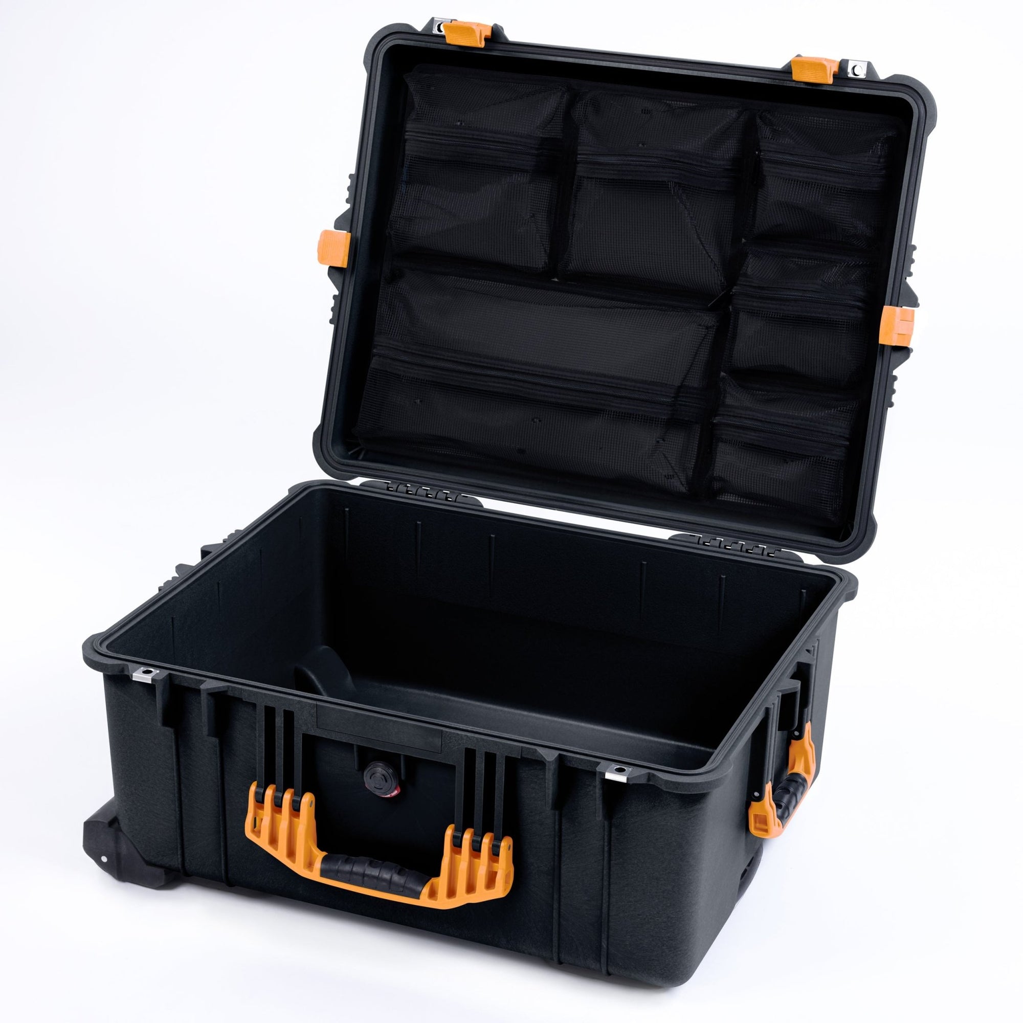 black and yellow tackle box Pelican 1610 Case, with Handles Latches, TrekPak Divider System / Mesh Lid Organizer Tacky Fly Box - Both sections close with Color:Silver/Blue Back Boat Casting Rods