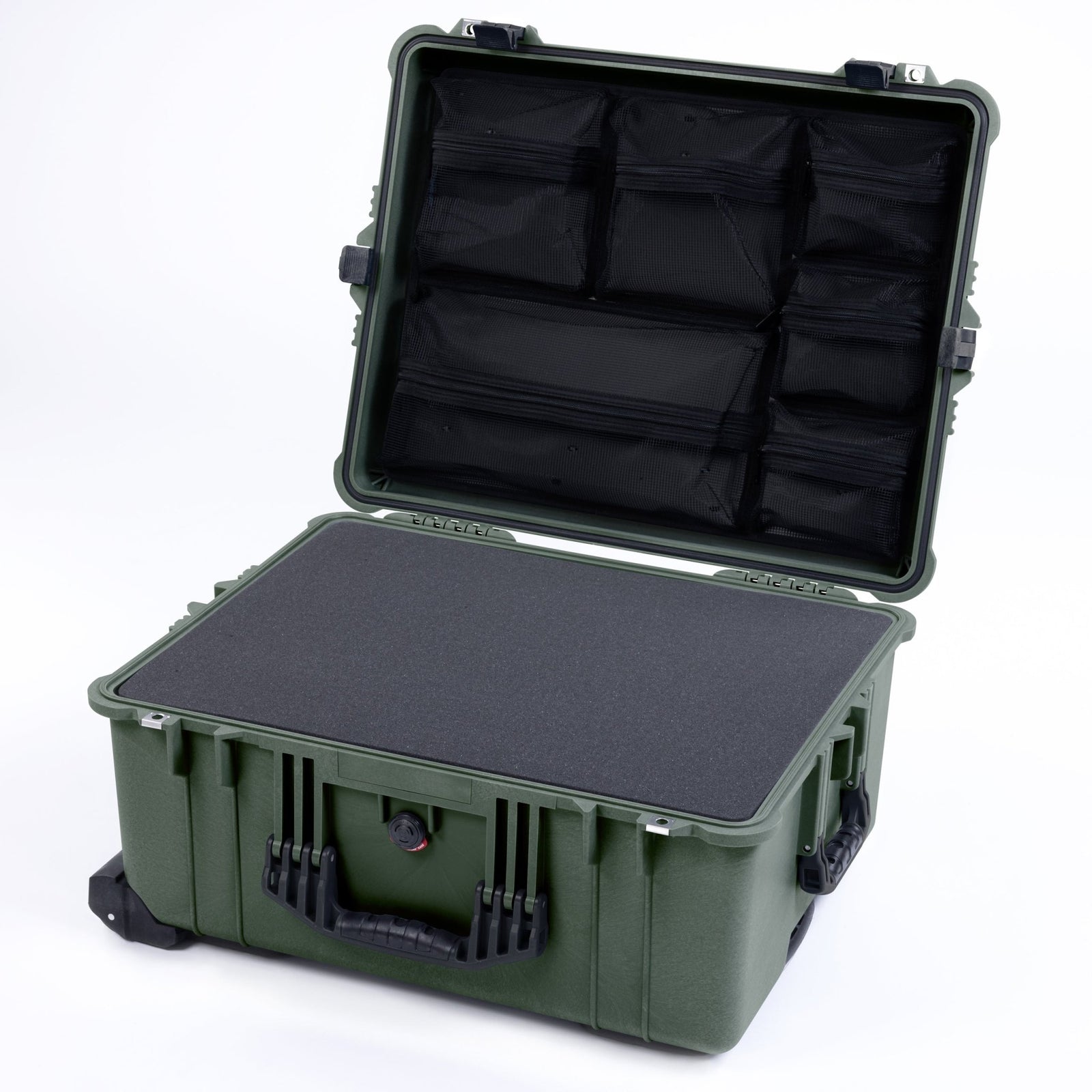 Pelican 1610 Case, OD Green with Black Handles and Latches - Pick & Pluck Foam / Mesh Lid Organizer