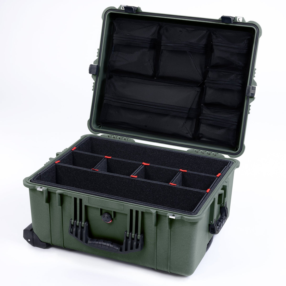 Pelican 1610 Case, OD Green with Black Handles and Latches - TrekPak Divider System / Mesh Lid Organizer
