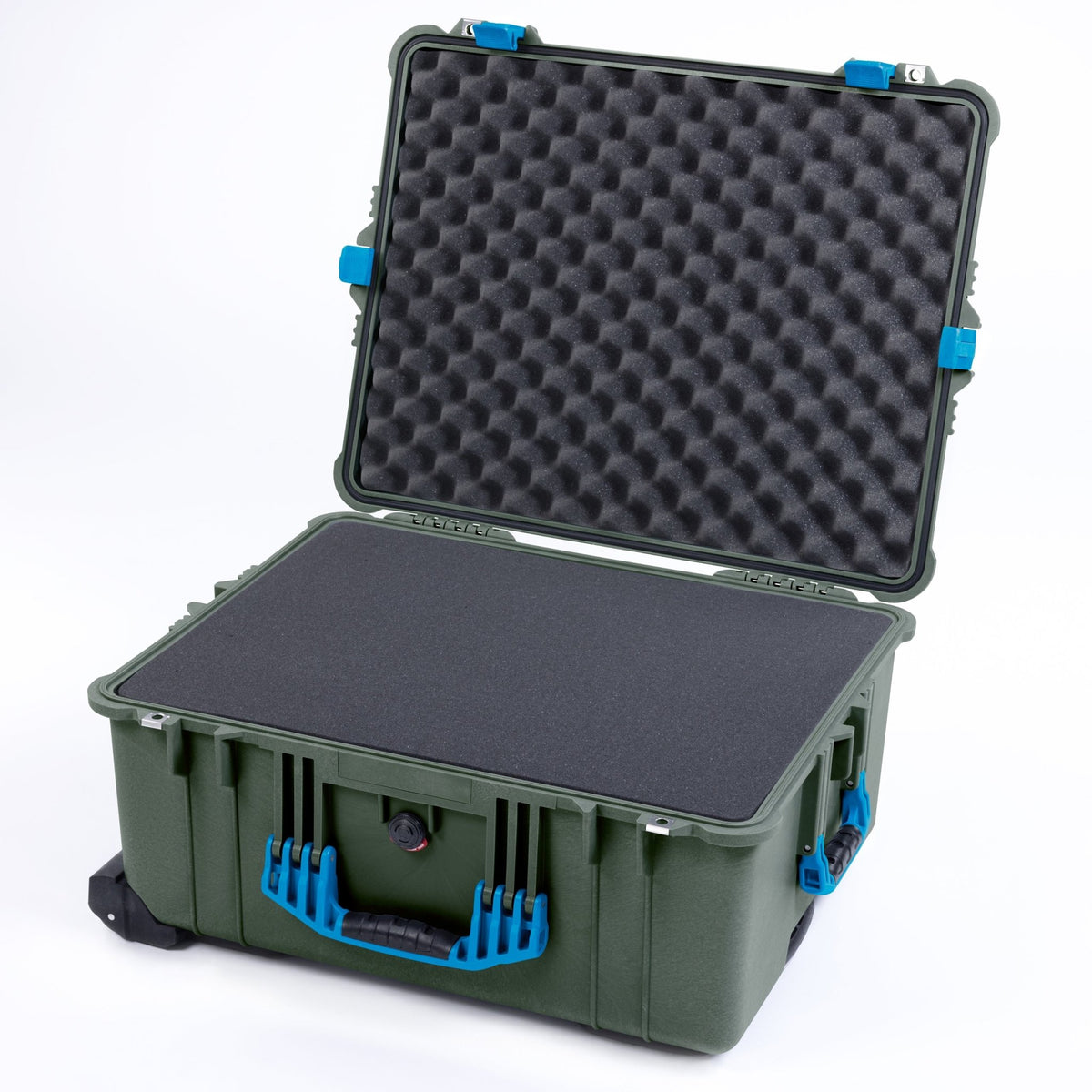 Pelican 1610 Case, OD Green with Blue Handles and Latches - Pick &amp; Pluck Foam / Lid Foam