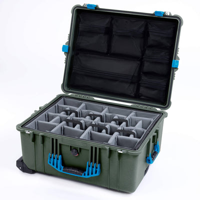 Pelican 1610 Case, OD Green with Blue Handles and Latches Gray Padded Microfiber Dividers with Mesh Lid Organizer ColorCase 016100-0170-130-120