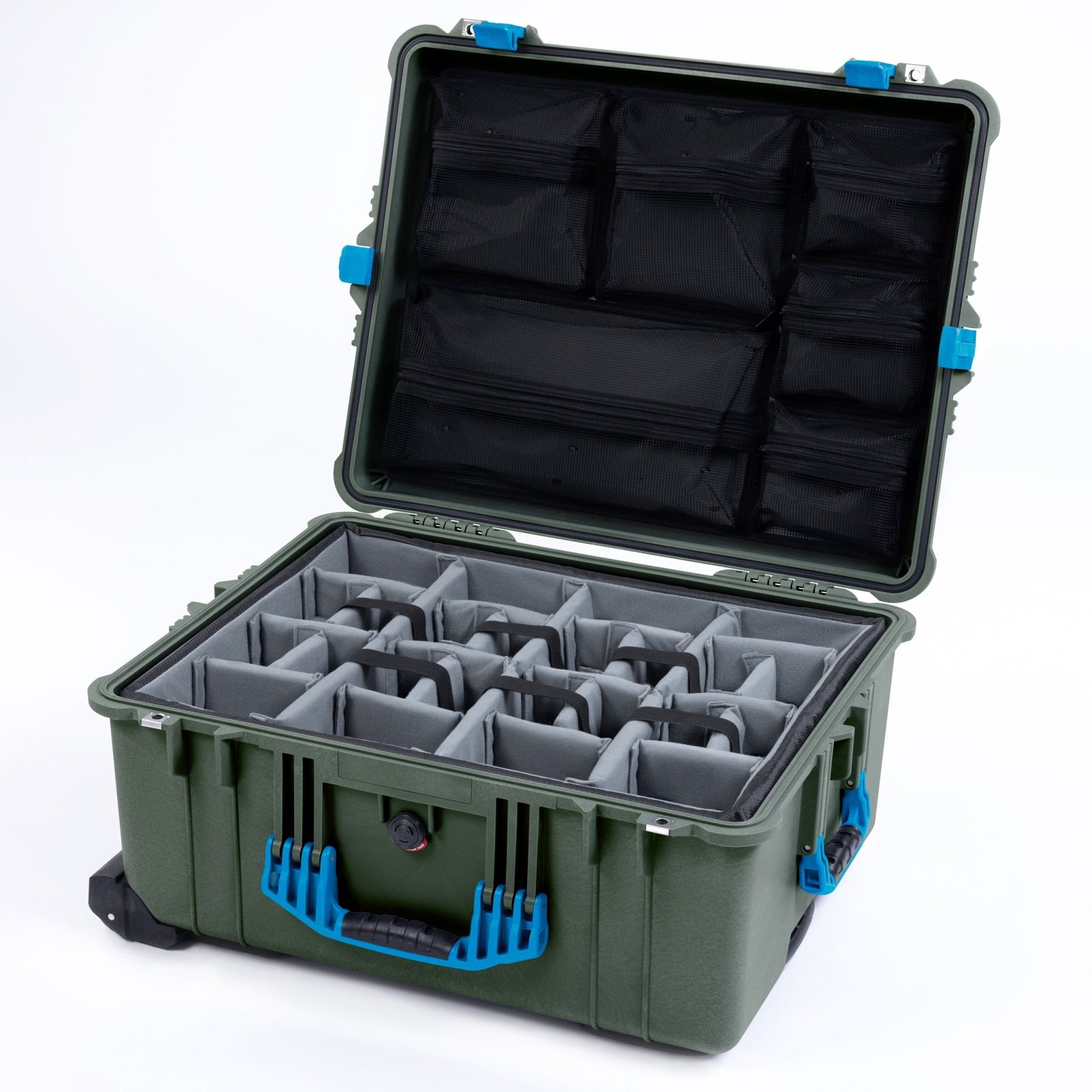 Pelican 1610 Case, OD Green with Blue Handles and Latches - Padded Microfiber Dividers / Mesh Lid Organizer