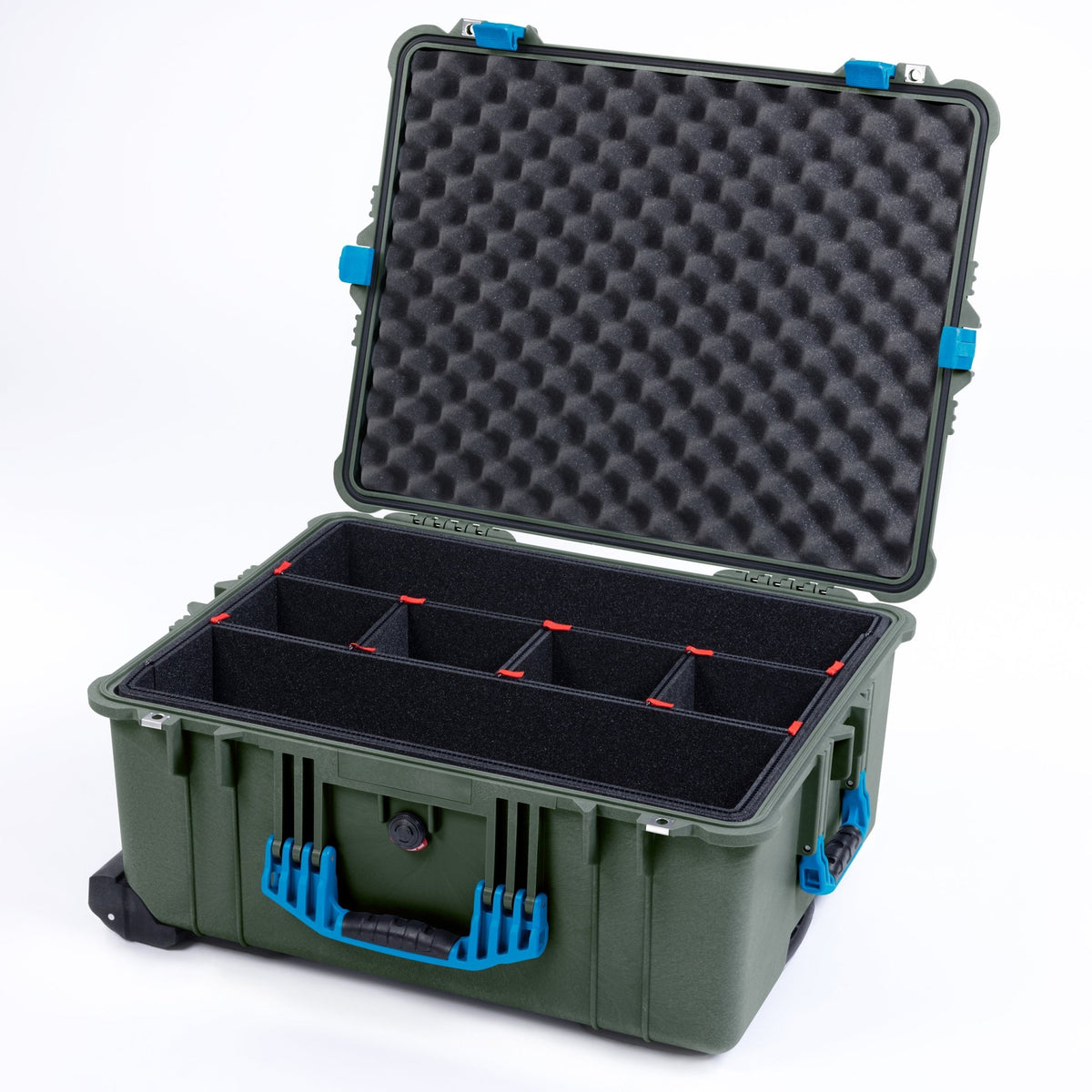 Pelican 1610 Case, OD Green with Blue Handles and Latches - TrekPak Divider System / Convoluted Lid Foam
