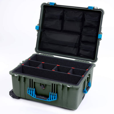 Pelican 1610 Case, OD Green with Blue Handles and Latches TrekPak Divider System with Mesh Lid Organizer ColorCase 016100-0120-130-120