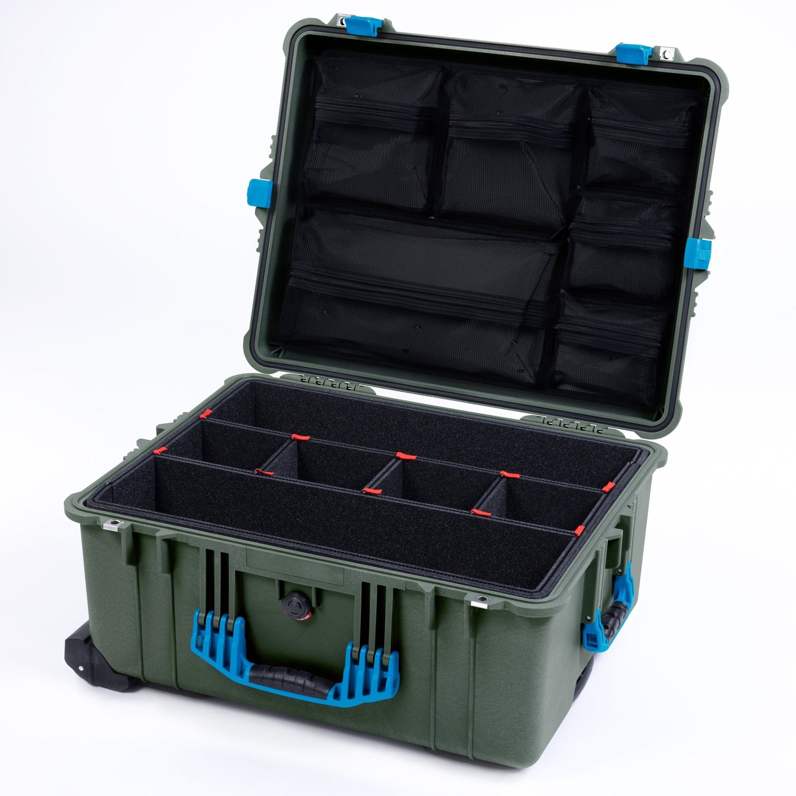 Pelican 1610 Case, OD Green with Blue Handles and Latches - TrekPak Divider System / Mesh Lid Organizer