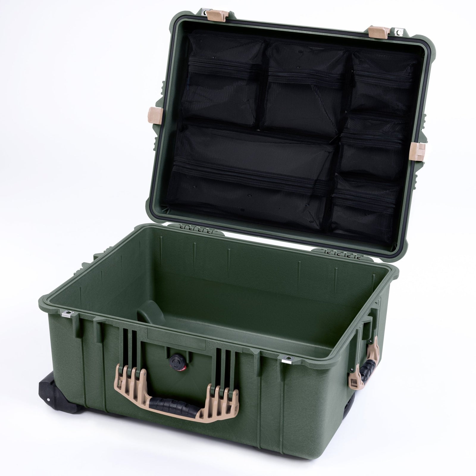 Pelican 1610 Case, OD Green with Desert Tan Handles and Latches - Mesh Lid Organizer Only