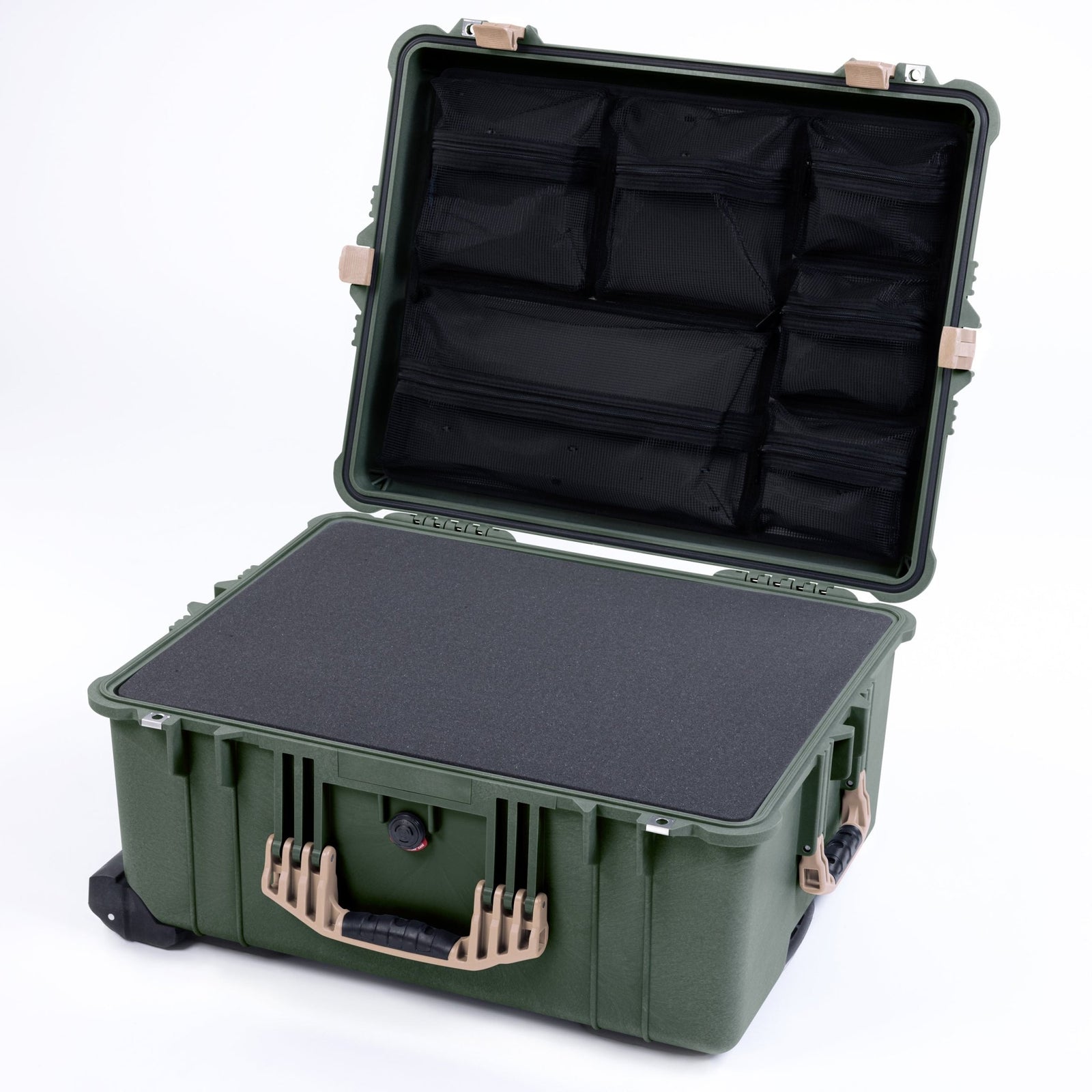 Pelican 1610 Case, OD Green with Desert Tan Handles and Latches - Pick & Pluck Foam / Mesh Lid Organizer