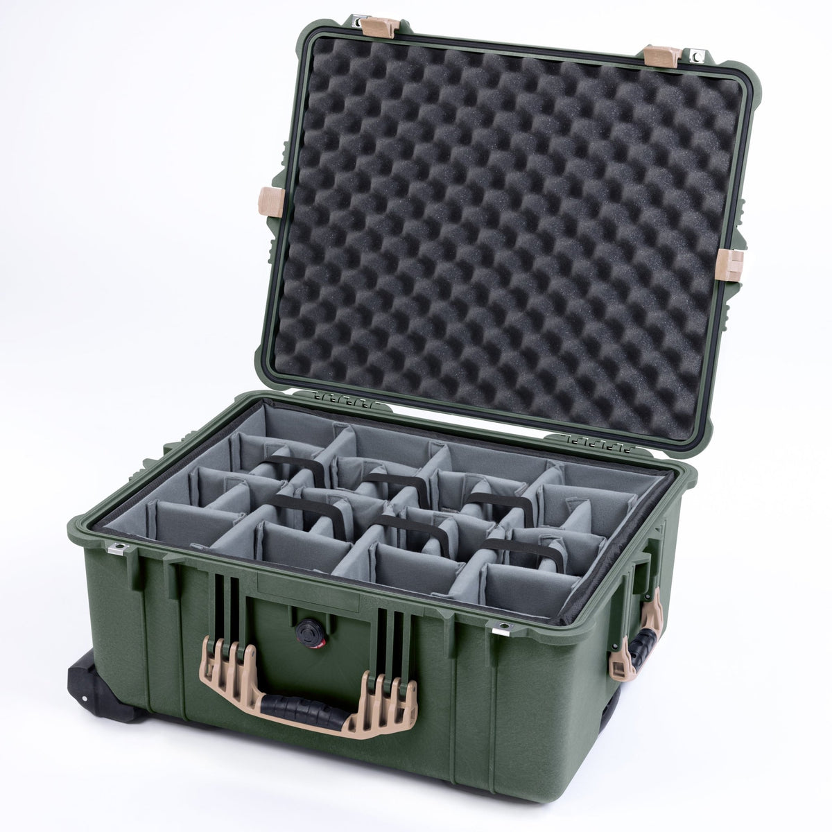 Pelican 1610 Case, OD Green with Desert Tan Handles and Latches - Padded Microfiber Dividers / Convoluted Lid Foam