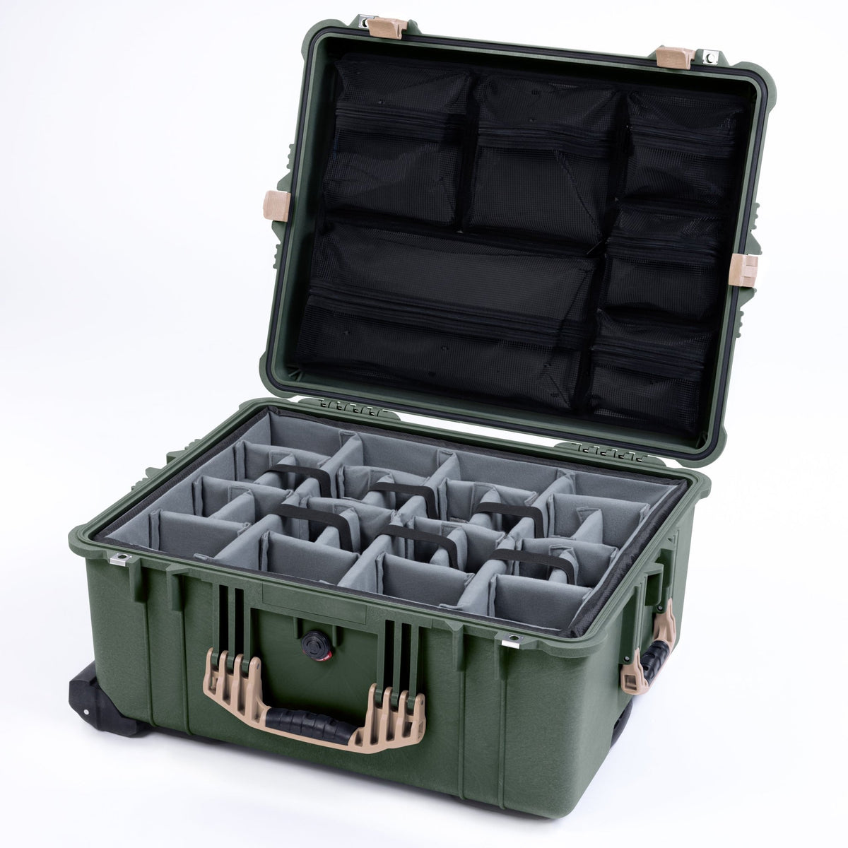 Pelican 1610 Case, OD Green with Desert Tan Handles and Latches - Padded Microfiber Dividers / Mesh Lid Organizer