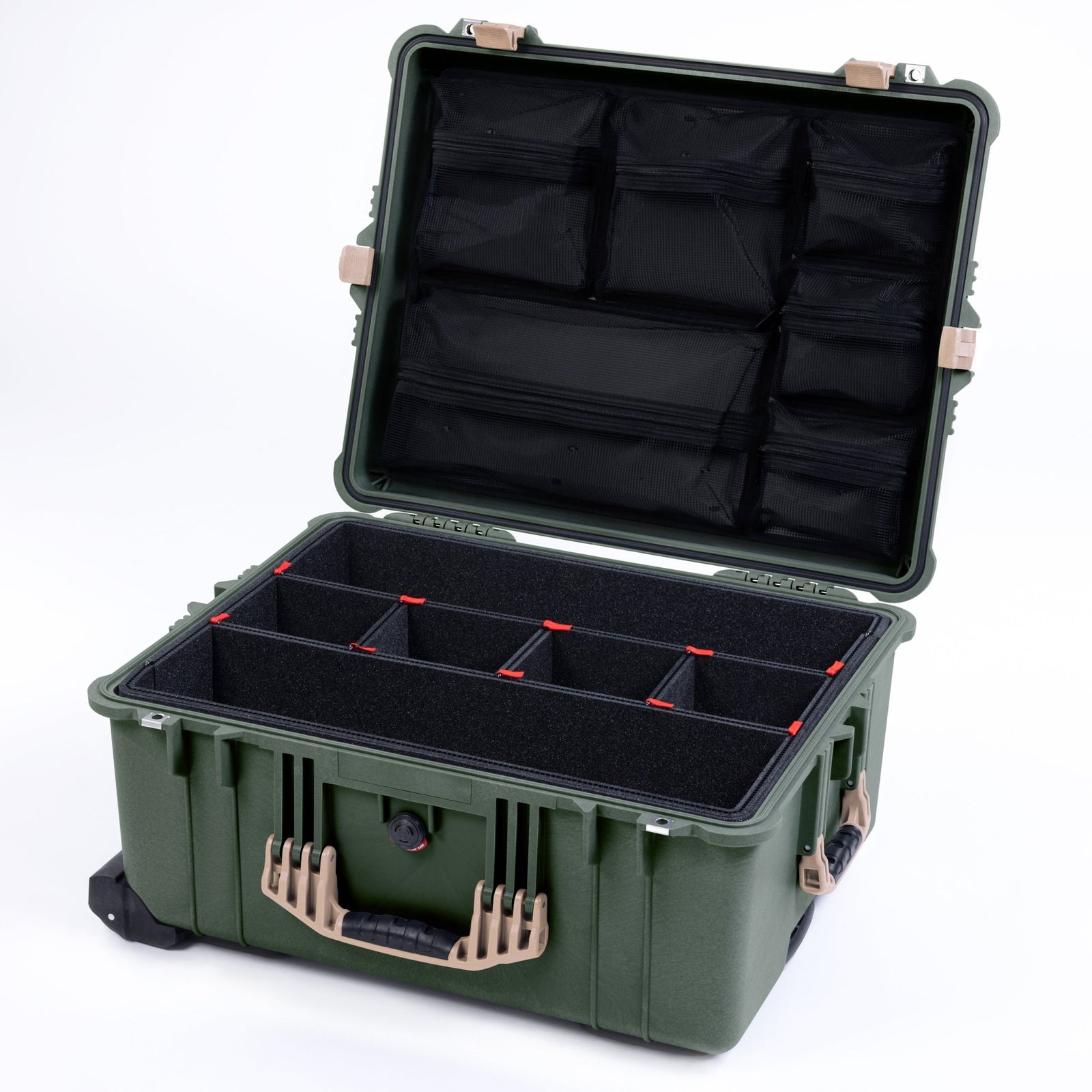 Pelican 1610 Case, OD Green with Desert Tan Handles and Latches - TrekPak Divider System / Mesh Lid Organizer