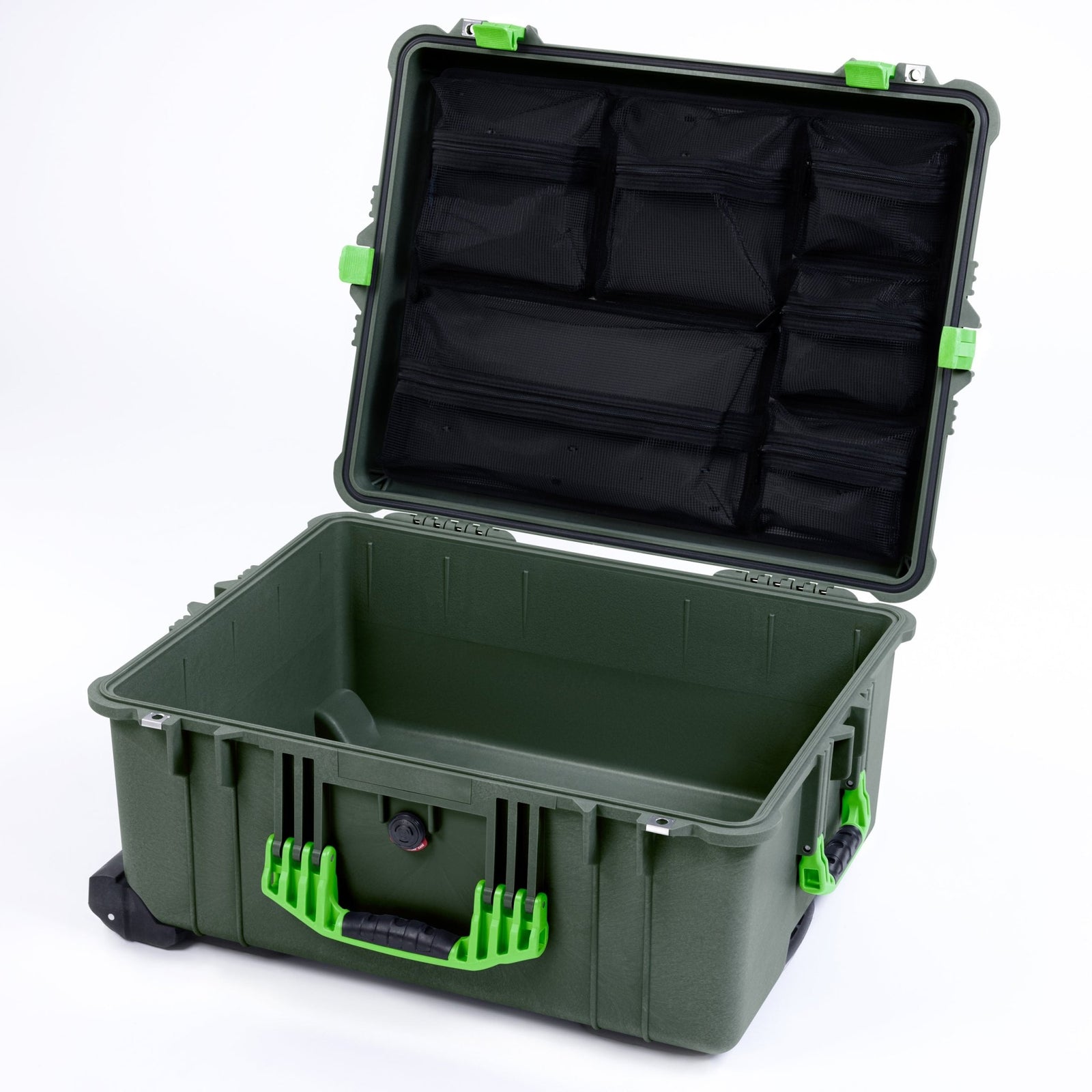 Pelican 1610 Case, OD Green with Lime Green Handles and Latches - Mesh Lid Organizer Only