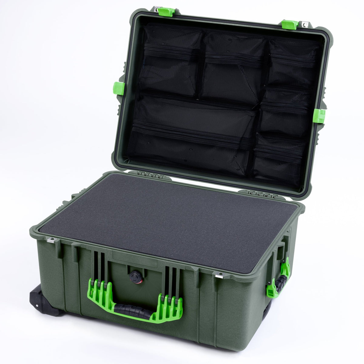 Pelican 1610 Case, OD Green with Lime Green Handles and Latches - Pick &amp; Pluck Foam / Mesh Lid Organizer