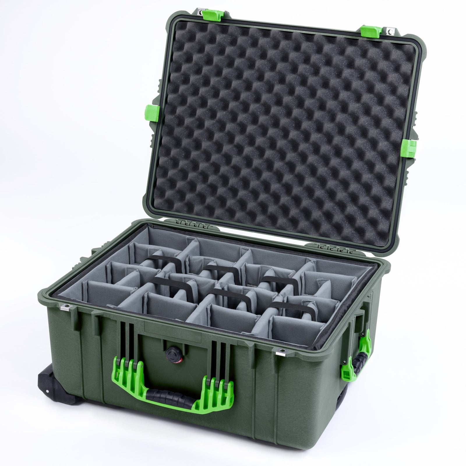 Pelican 1610 Case, OD Green with Lime Green Handles and Latches - Padded Microfiber Dividers / Convoluted Lid Foam