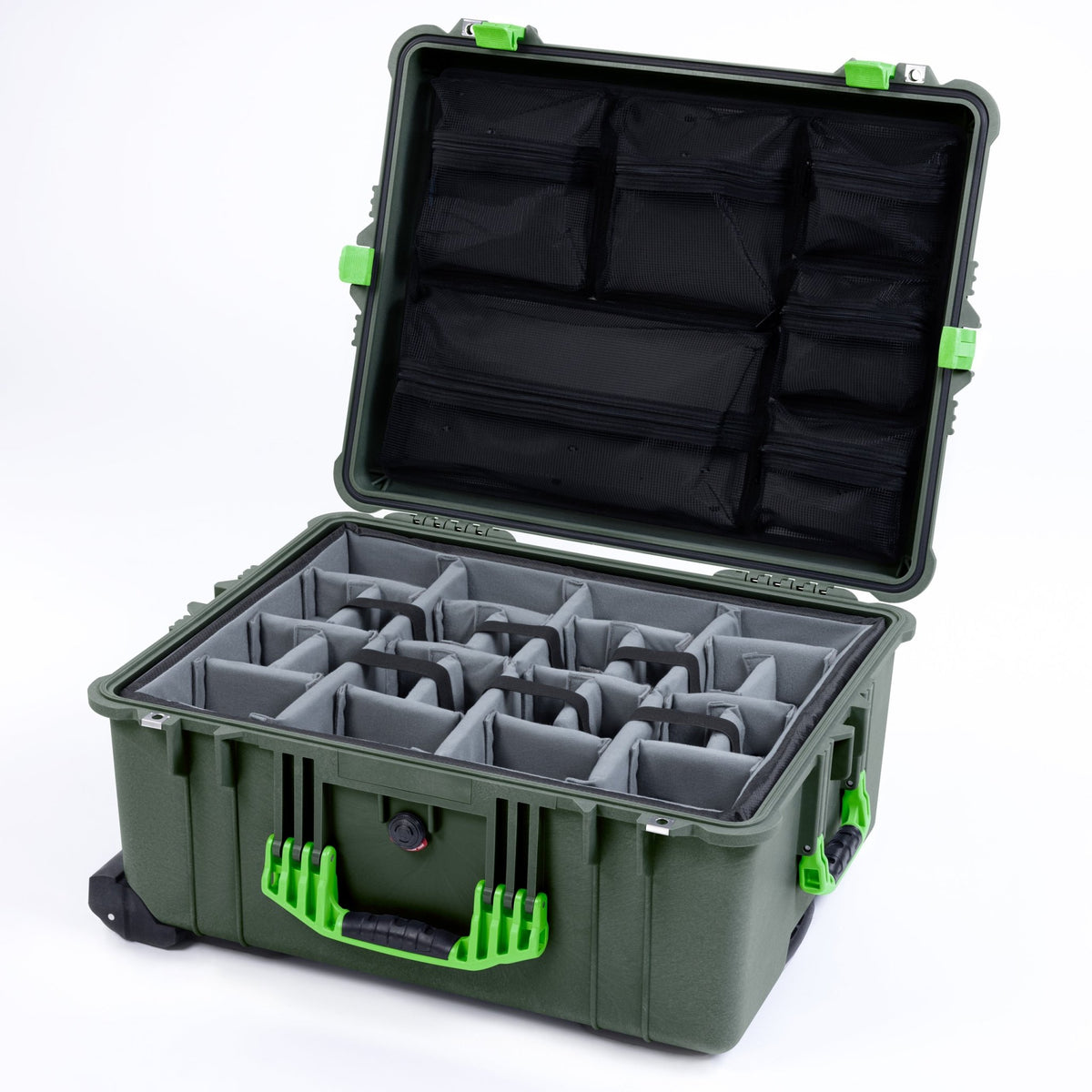 Pelican 1610 Case, OD Green with Lime Green Handles and Latches - Padded Microfiber Dividers / Mesh Lid Organizer