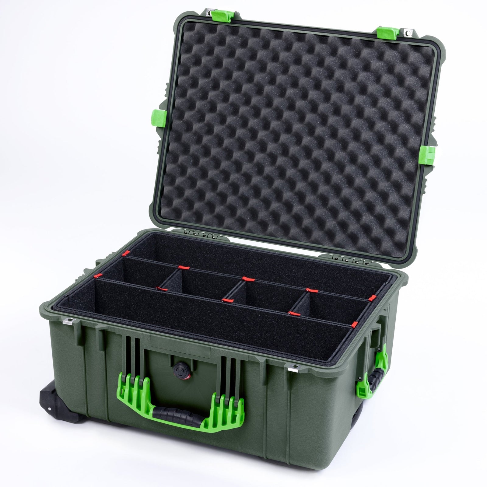 Pelican 1610 Case, OD Green with Lime Green Handles and Latches - TrekPak Divider System / Convoluted Lid Foam
