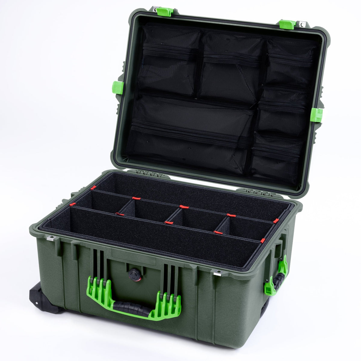 Pelican 1610 Case, OD Green with Lime Green Handles and Latches - TrekPak Divider System / Mesh Lid Organizer