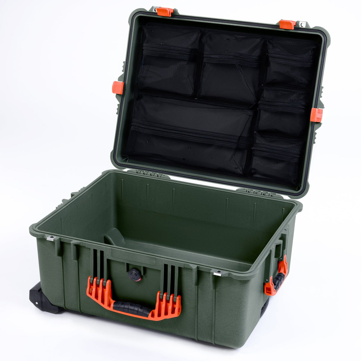 Pelican 1610 Case, OD Green with Orange Handles and Latches - Mesh Lid Organizer Only