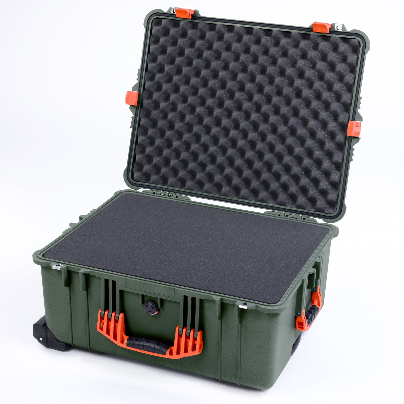Pelican 1610 Case, OD Green with Orange Handles and Latches - Pick & Pluck Foam / Lid Foam