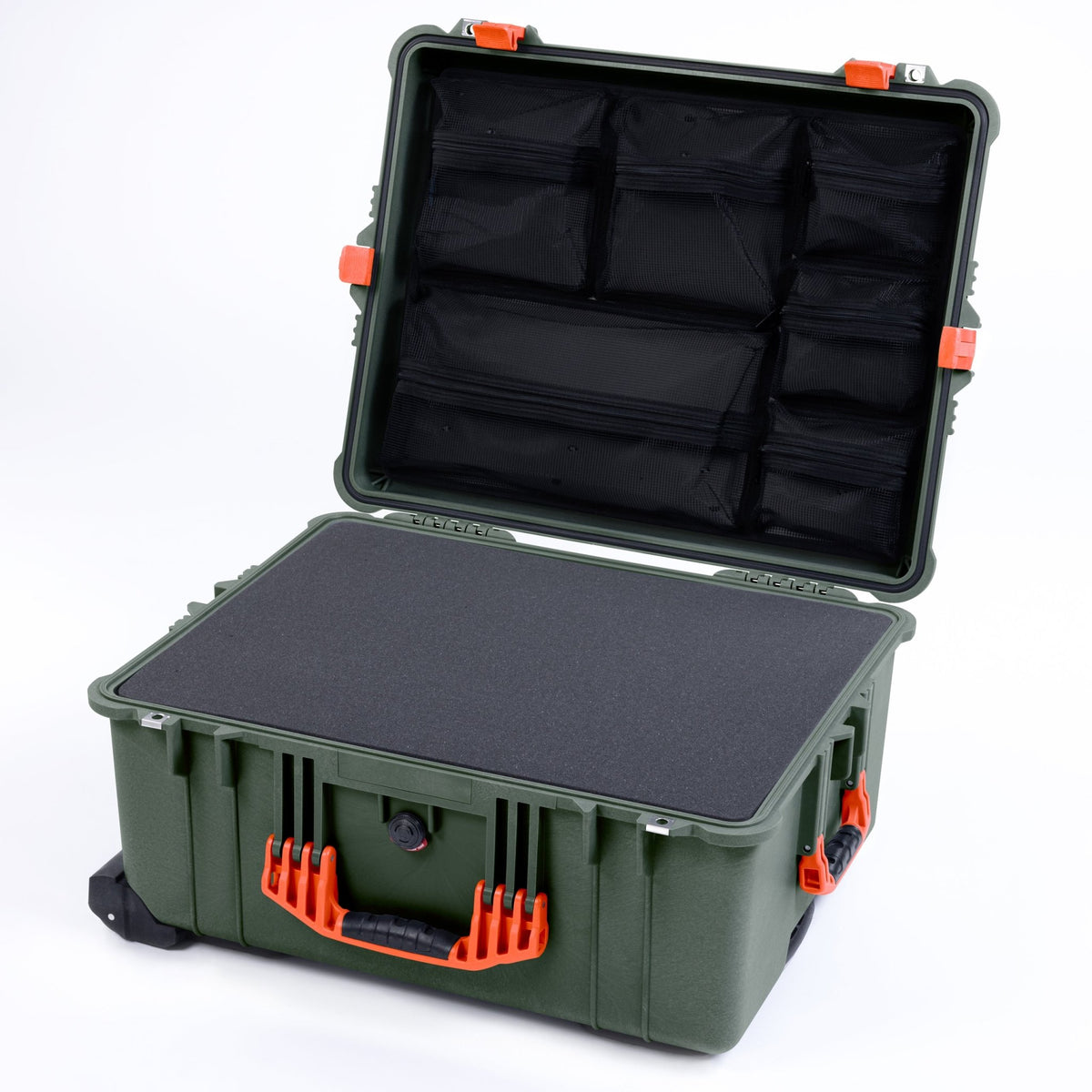 Pelican 1610 Case, OD Green with Orange Handles and Latches - Pick &amp; Pluck Foam / Mesh Lid Organizer