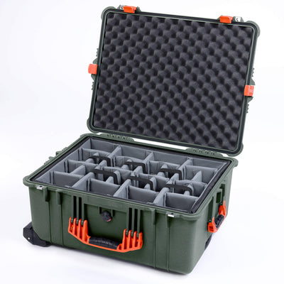 Pelican 1610 Case, OD Green with Orange Handles and Latches Gray Padded Microfiber Dividers with Convoluted Lid Foam ColorCase 016100-0070-130-150