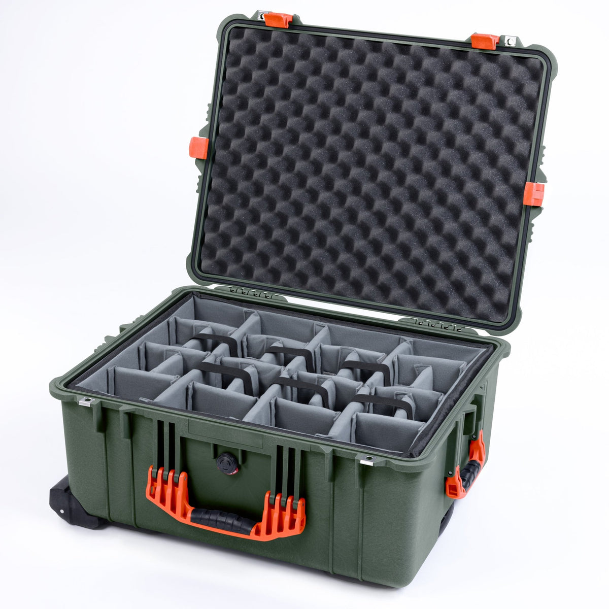 Pelican 1610 Case, OD Green with Orange Handles and Latches - Padded Microfiber Dividers / Convoluted Lid Foam