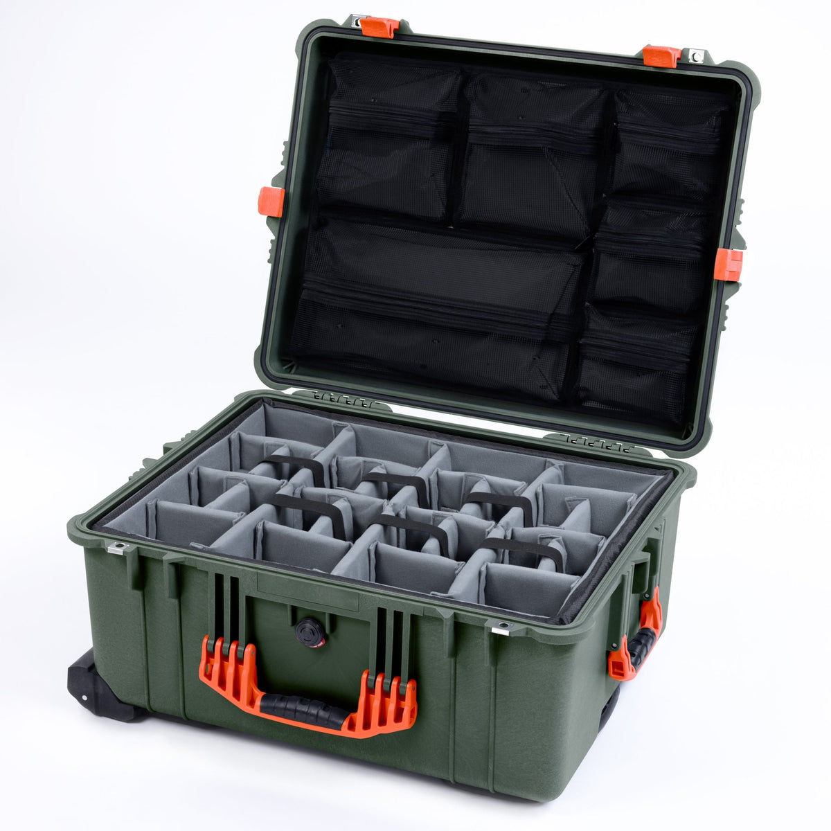 Pelican 1610 Case, OD Green with Orange Handles and Latches - Padded Microfiber Dividers / Mesh Lid Organizer