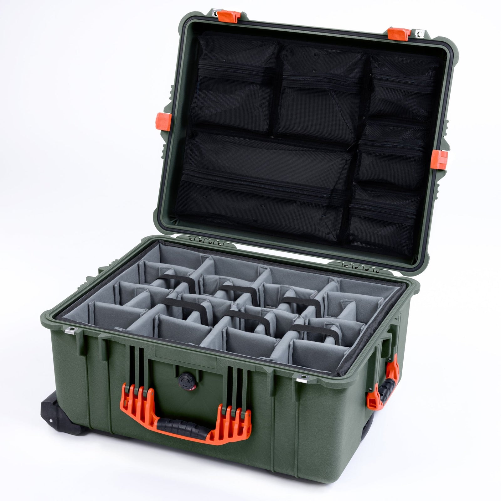Pelican 1610 Case, OD Green with Orange Handles and Latches - Padded Microfiber Dividers / Mesh Lid Organizer