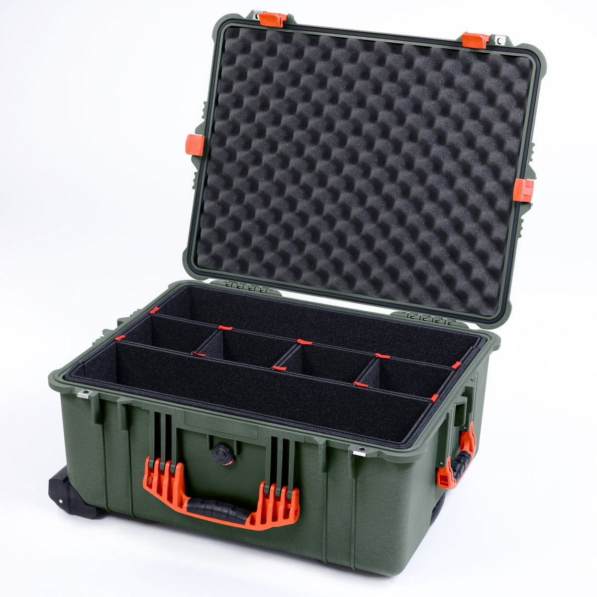 Pelican 1610 Case, OD Green with Orange Handles and Latches - TrekPak Divider System / Convoluted Lid Foam