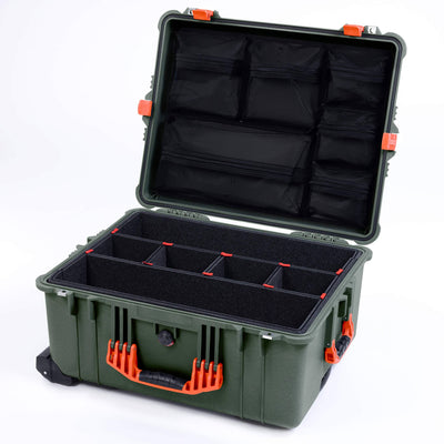 Pelican 1610 Case, OD Green with Orange Handles and Latches TrekPak Divider System with Mesh Lid Organizer ColorCase 016100-0120-130-150