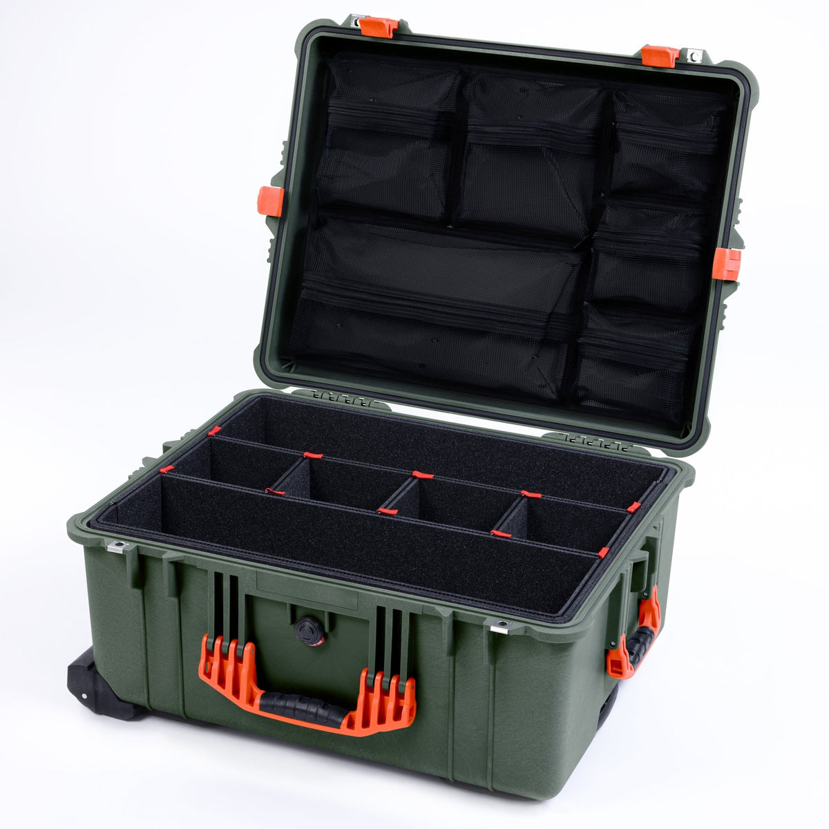 Pelican 1610 Case, OD Green with Orange Handles and Latches - TrekPak Divider System / Mesh Lid Organizer